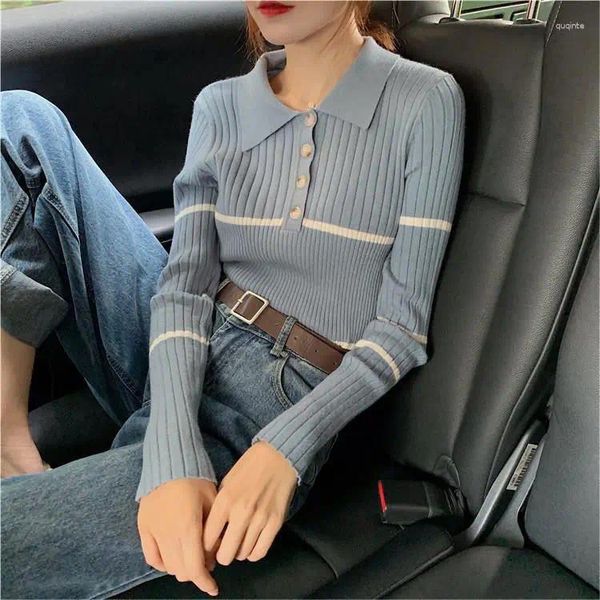 Frauen Pullover Blau Farbe Polo Neck Pullover Volle Ärmel Herbst Gestreiften Strick Crop Tops Dame Jumper Pullover