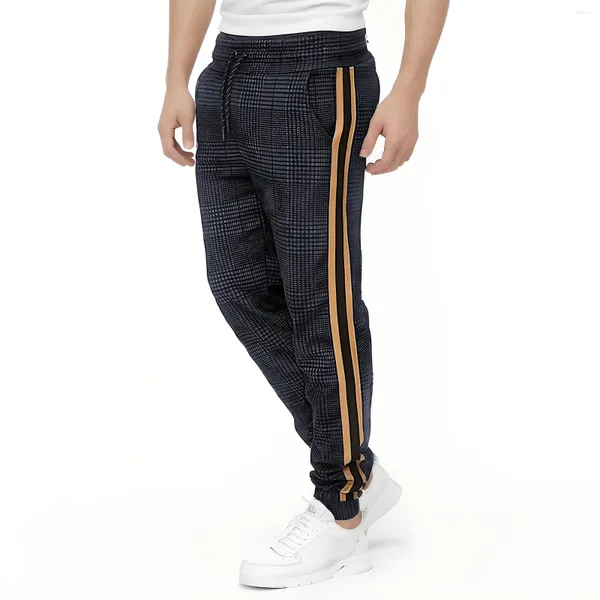 Calças masculinas longas casuais esporte fino ajuste xadrez calças correndo joggers sweatpants para homem cintura elástica ropa hombre 2023