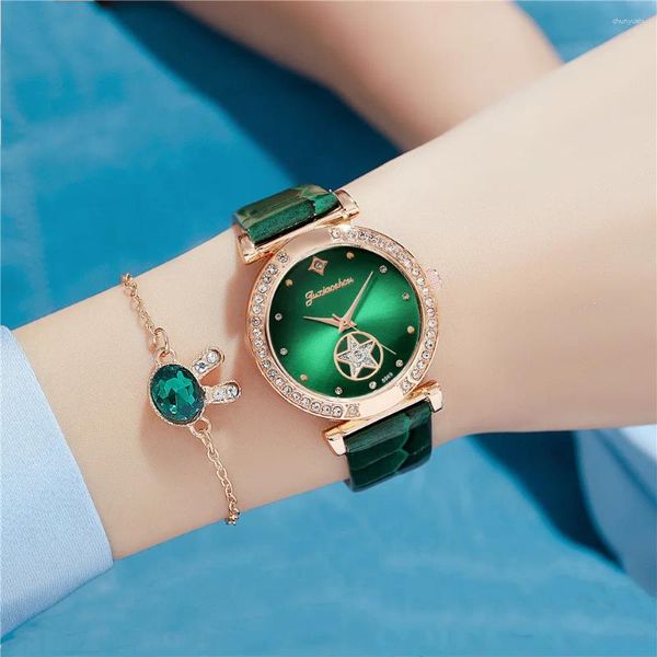 Orologi da polso Lusso Donna Moda Orologi verdi Qualità Orologio al quarzo tempestato di diamanti Orologio da donna in pelle Elegante Montre Femme