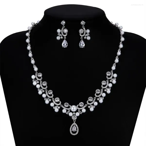 Collana orecchini set CZ zirconi cubici perle orecchini da sposa per le donne Accessori gioielli da ballo