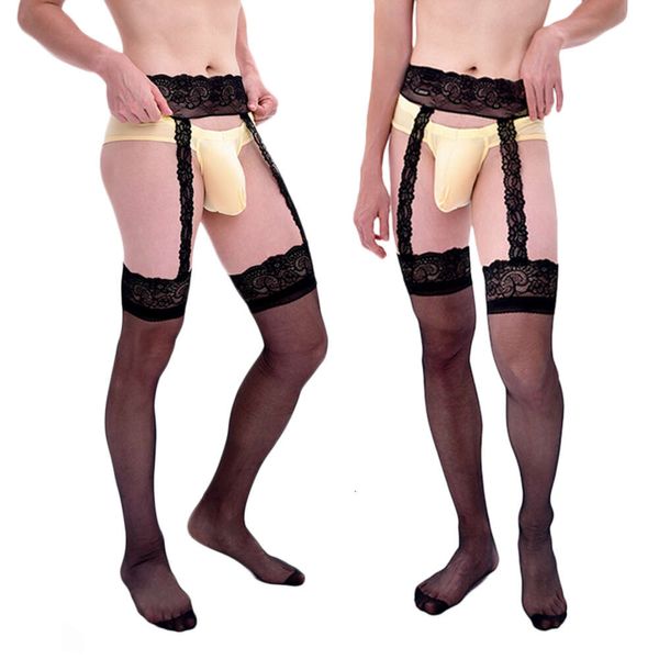 Sexy Spitzenstrumpfband für Damen und Herren, heiße, ultradünne transparente Strumpfhosen mit Strümpfen im offenen Schritt, exotische Sissy-Gay-Socken