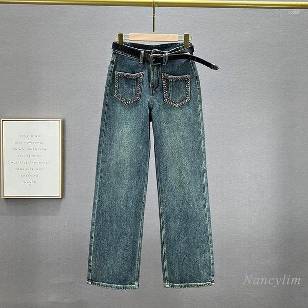 Jeans da donna Gamba Larga Blu Donna Pantaloni X-lunghi Pantaloni autunnali 2023 Vita alta Dimagrante Allentato Tasche con diamanti da strada europea