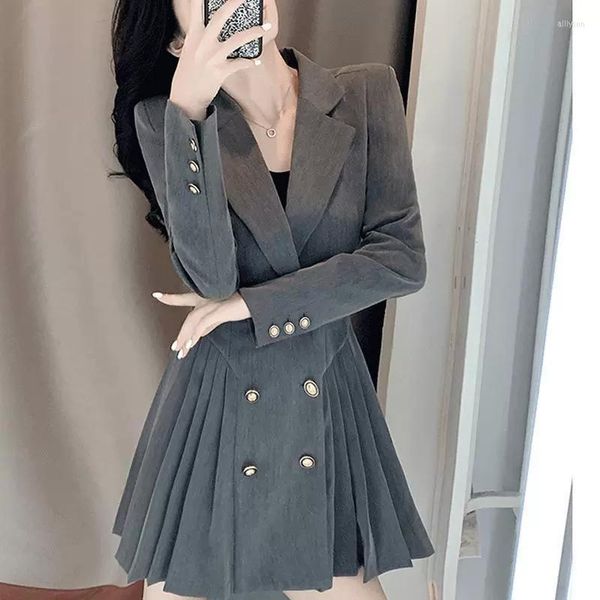 Ternos femininos Blazer Dress Mulheres elegantes Partido preto coreano One Piece Oinga de tamanho longo de manga comprida Office Double Office Autumn 2023