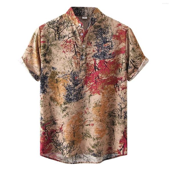 Camicie casual da uomo Camicia hawaiana floreale floreale in lino vintage da uomo manica corta abbottonata camicette per vacanze in spiaggia per feste XXL