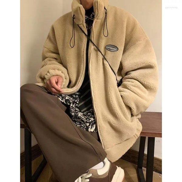 Jaquetas masculinas inverno jaqueta de lã de cordeiro velo fofo casaco zíper cor sólida gola moletom homens quente coreano hip hop streetwear