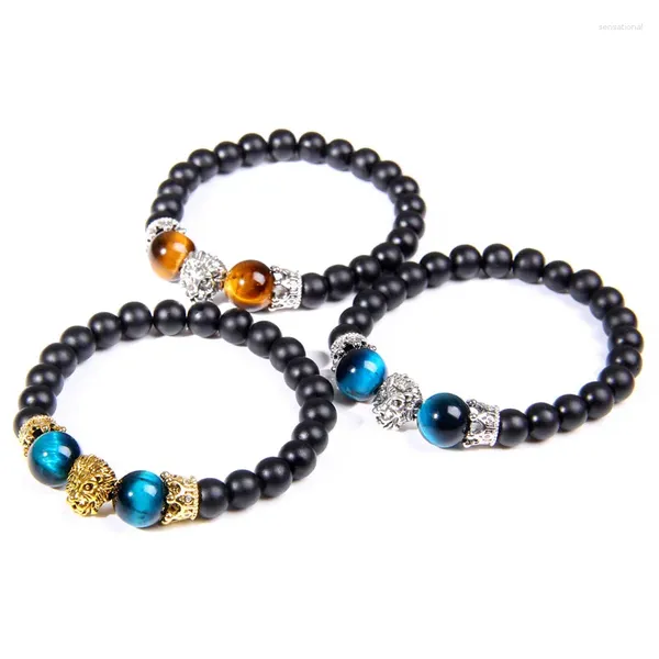 Strand 8mm pedra natural olho de tigre frisado pulseira cor ouro leão charme pulseiras moda energia yoga para homens mulheres jóias