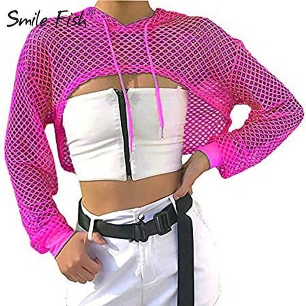 Frauen T-Shirt Mesh Pink Mesh Grid Langarm Casual T-Shirts Sexy Aushöhlen Cover T-Shirt Tops Damenmode Orange Shirts Blusen G1137 P230328