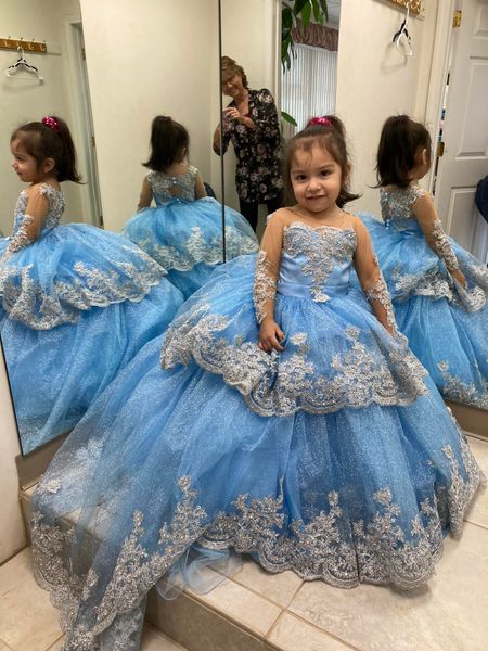 Himmelblaue Blumenmädchenkleider für Hochzeit Kinder, die Ballkleid-Partei-Mädchen-Festzug-Kleider Prinzessin Geburtstags-Foto-Shooting bördeln