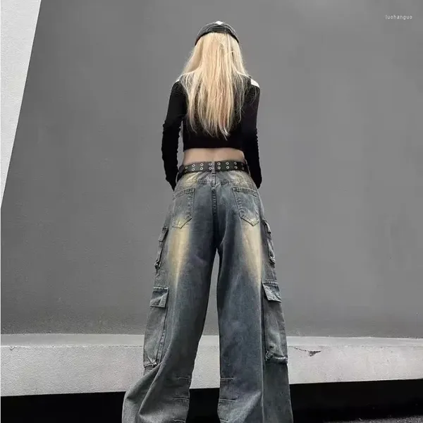 Jeans da donna stile europeo e americano Y2K multitasche pantaloni alla moda a vita alta gambe larghe donna ampia