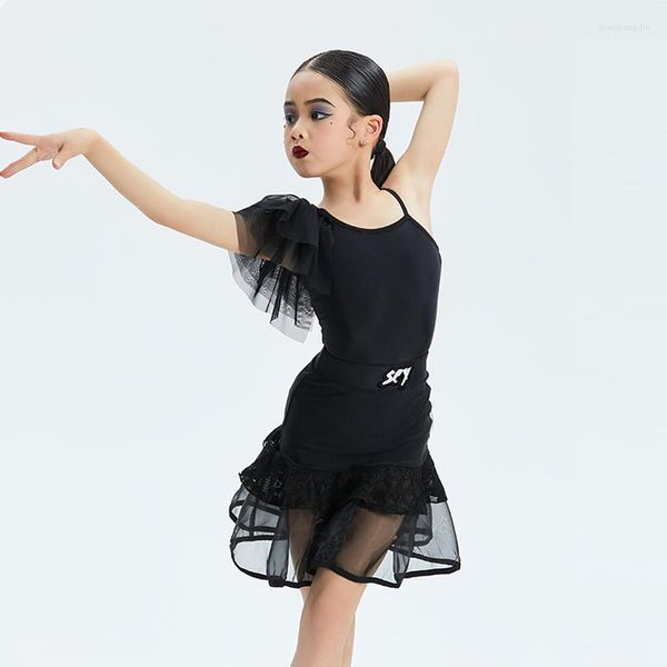 Stage Wear Schwarz Latin Dance Kostüm Mädchen Single Sleeve Bodysuit Rock ChaCha Practice Kids Rumba Samba Competition Outfit VDB6658