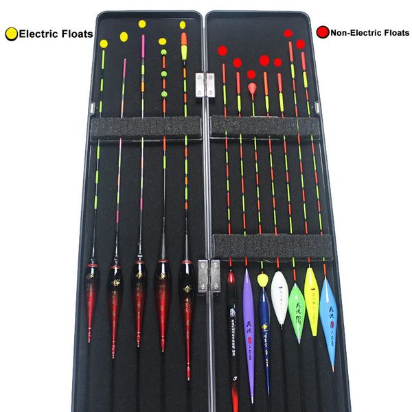 Acessórios de pesca 12 unidades / lote incluindo caixa flutuadores de pesca 5pcs flutuadores elétricos 7pcs flutuadores não elétricos Bobbers de gravidade inteligentes Caixa ABS 231123