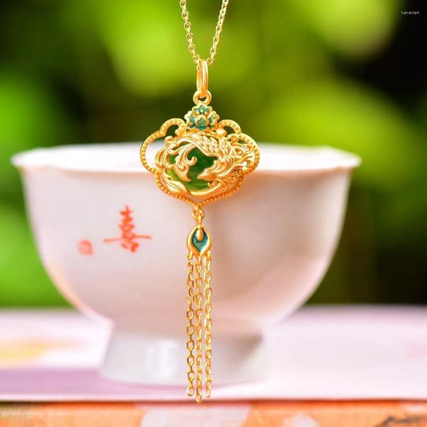 Correntes Hetian Jade Verde Redondo Ovo Noodle Pingente S925 Prata Banhado Personalidade Antigo Phoenix Tassel Bloqueio de Bons Desejos