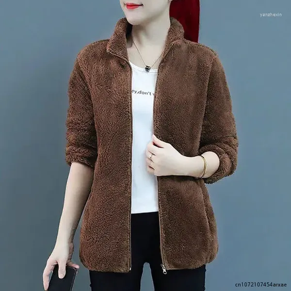 Женские куртки, двусторонние флисовые шерстяные пальто, осень-зима, утепленный, теплый, с воротником-стойкой, короткий повседневный свитшот с карманом на молнии