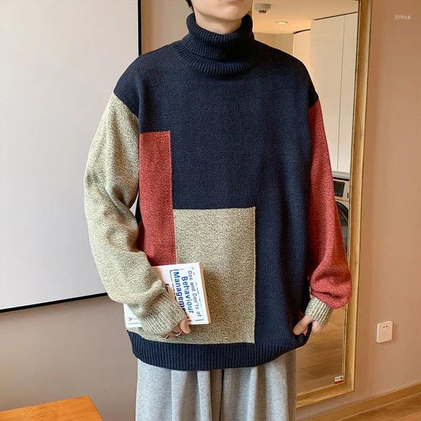 Männer Pullover Rollkragen Pullover Pullover Lose Patch Farbe Stil Warme Tops Herbst Winter Oversize Männliche Langarm Strickwaren