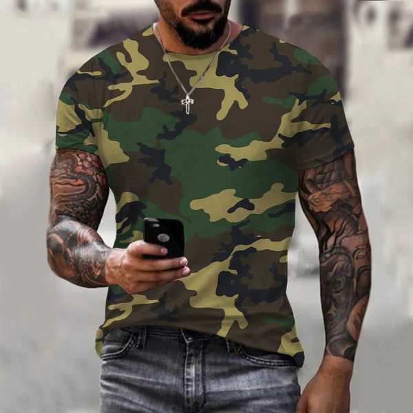 Camisetas masculinas camuflagem 3d camiseta de camiseta masculina roupas ao ar livre moda casual o pescoço de manga curta rua masculino superdimensionado esporte camisetas militares z0424