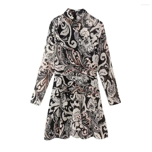 Abiti casual Moda donna Linea metallizzata Stampa Abito Vintage Manica lunga pieghettato Chic femminile Mini abiti Robe Mujer