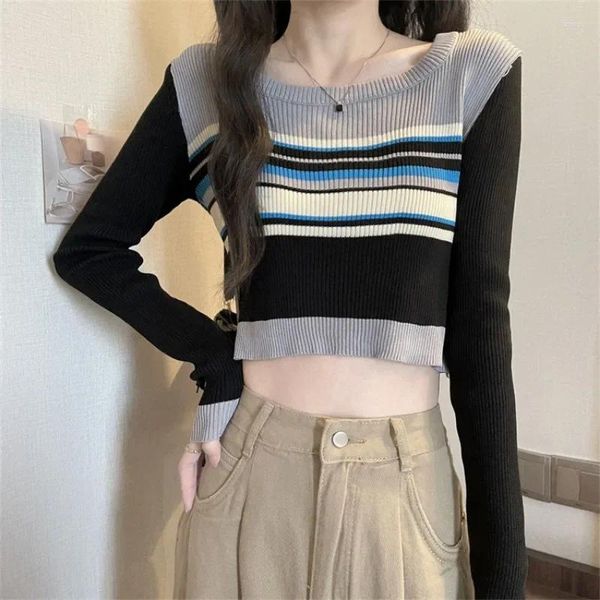 Damenpullover Real Shoot American Spicy Girl Streifen Langarmpullover Frauen Slim High Waist Crop Top Expose Navel Short Sexy Bottom