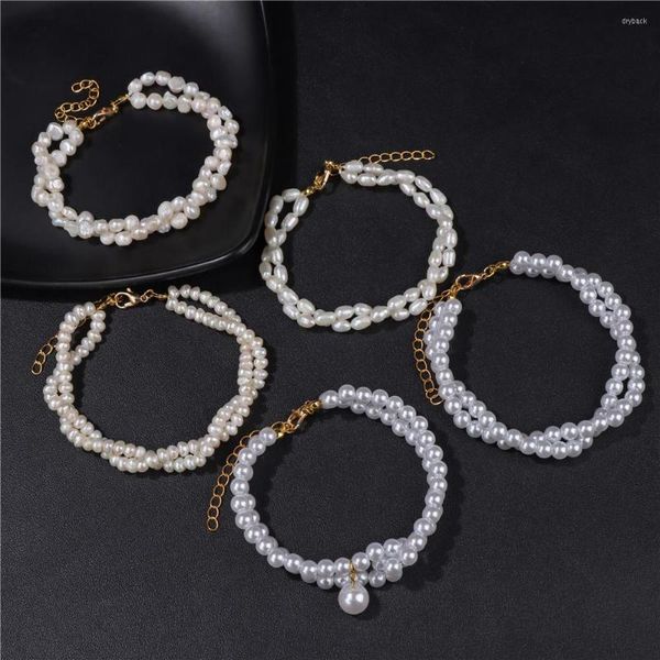 Braccialetto di perline di perle naturali eleganti per le donne Braccialetti con ciondoli bianchi a doppio strato avvolgenti Braccialetti per gioielli femminili Matrimonio