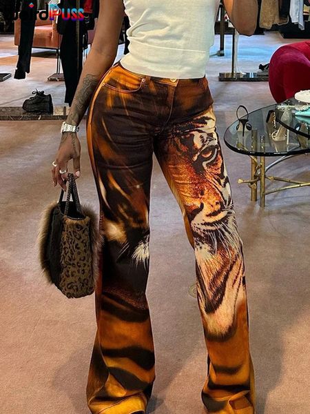 Damenhosen Weird Puss Tiger Print Flare Damen 2023 Y2K Sommertrend Skinny Elastic Wild Casual Streetwear Basic Hose mit hoher Taille 231123