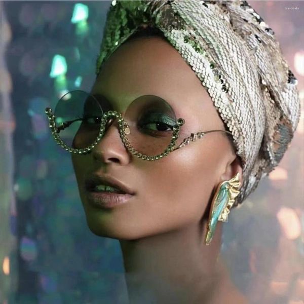 Óculos de sol luxo diamantes redondos metade quadro corte borda feminina tendência fina moda retro eyewear rápido