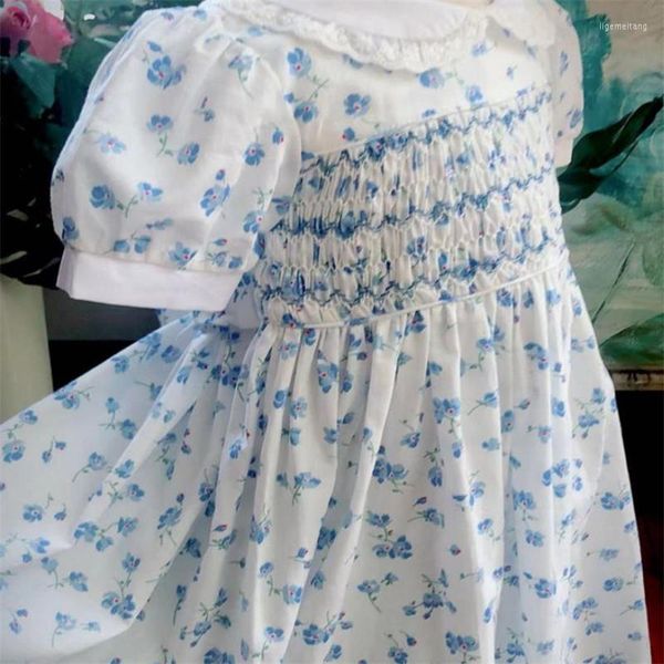Mädchenkleider Prinzessin Classical Summer Kurzärmliges, handbesticktes, hellblaues, plissiertes Baby-Baumwollkleid mit Blumenmuster