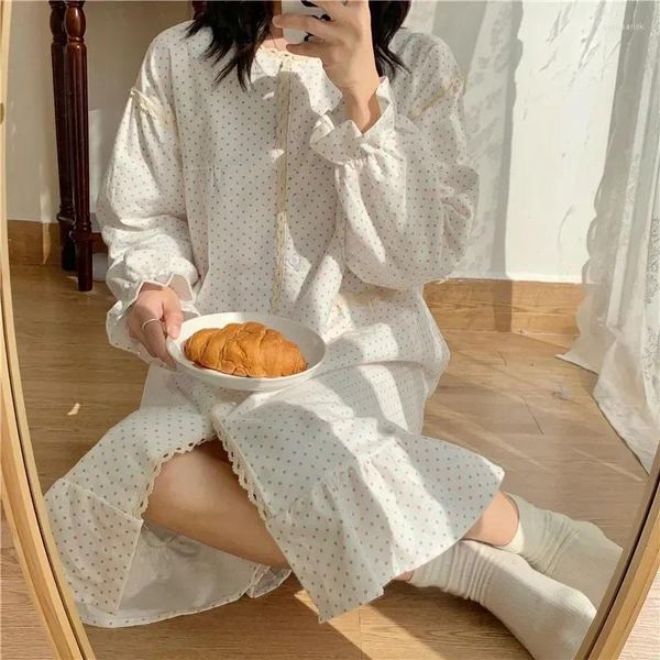 Mulheres sleepwear manga longa lixa ponto algodão lacework camisola único babados breasted vestido bonito cardigan puro polka homewear ins