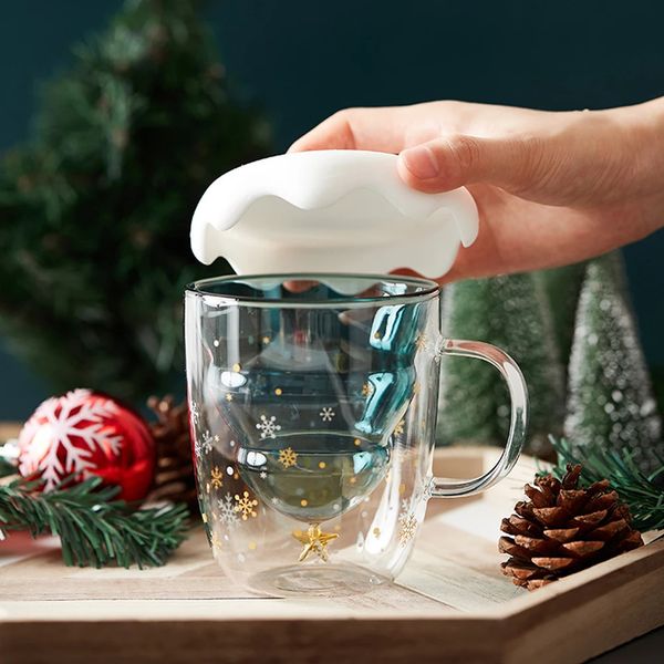 Tazze Tazza da 300 ml con albero di Natale Tazza con fiocco di neve Tazza in vetro resistente al calore Tazza in vetro a doppio strato Tazza da caffè con coperchio Carino per il regalo di Natale 231124