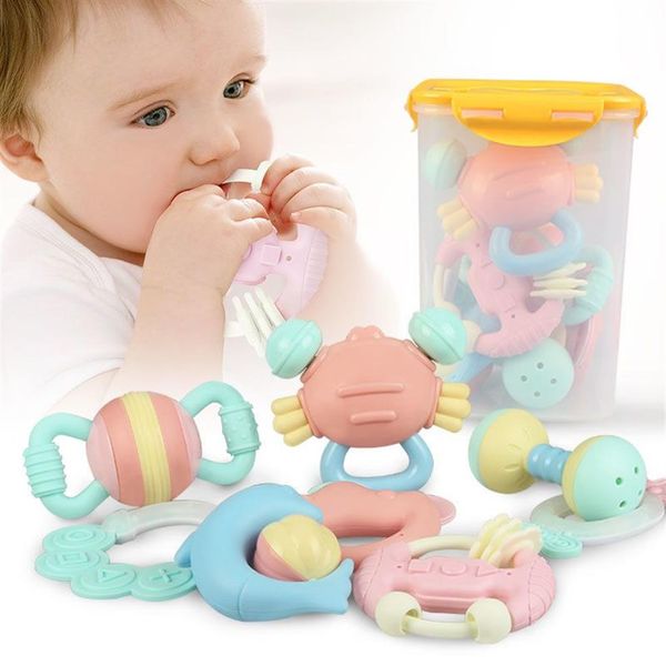 Meibeile infantil criança mordedor macio brinquedo musical conjunto anel de mão sino juguete chocalhos do bebê para crianças desenvolvimento inteligência precoce c310p