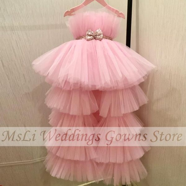 Vestidos de menina vestido de flor de praia rosa A-line Kids Princesa Lace Tea Large Folding Dold Tulle TULLE PROM