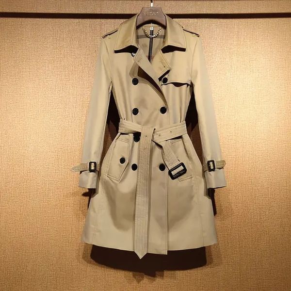 Trench da donna di media lunghezza con risvolto classico Elegante soprabito doppiopetto giacca elegante con cintura antivento