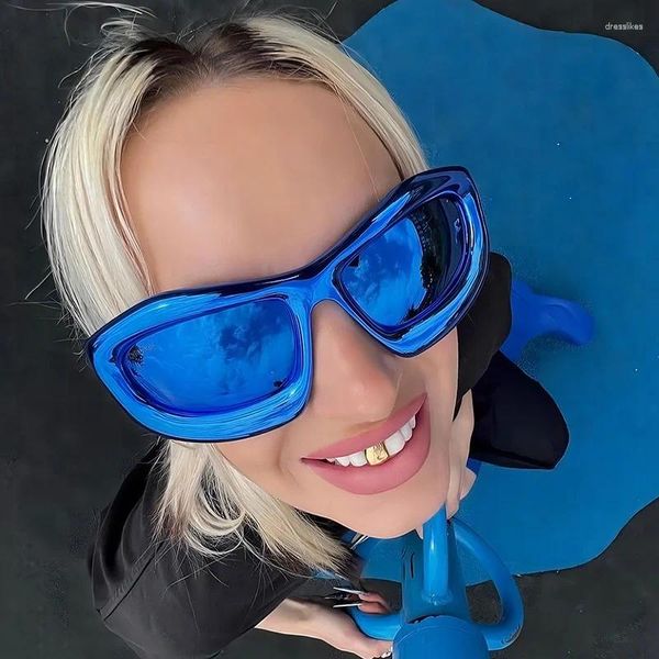 Occhiali da sole moda specchio blu Y2k per donna occhiali da sole vintage oversize Cat Eye uomo Hip Hop Punk Eyewear tonalità femminili