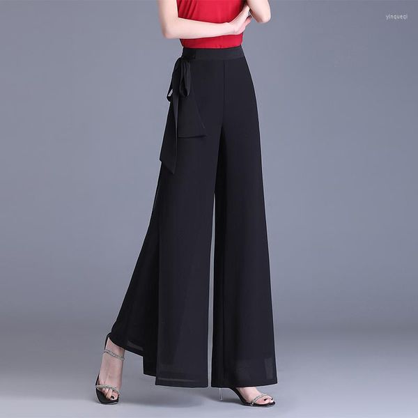 Pantaloni da donna eleganti a vita alta da donna 2023 primavera estate classico stile coreano pantaloni lunghi oversize in chiffon neri a gamba larga