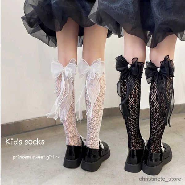 Детские носки детские летние тонкие носки с бантом и бутоном, шелковые чулки, длинные носки для девочек, кружевные носки принцессы, детские чулки до колена