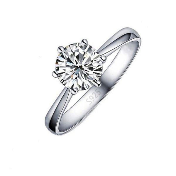 Anel solitário elegante clássico real 925 prata esterlina anéis de dedo jóias cristal zircões cúbicos 6 garras mulheres casamento anillos 230424