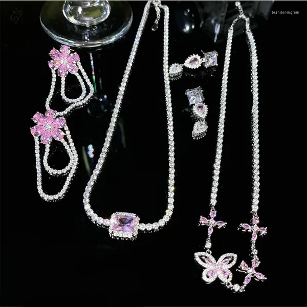 Brincos de colar conjunto espumante rosa borboleta jóia designer metal banhado pedra preciosa zircão flor geométrica brinco para mulheres decoração de vestuário