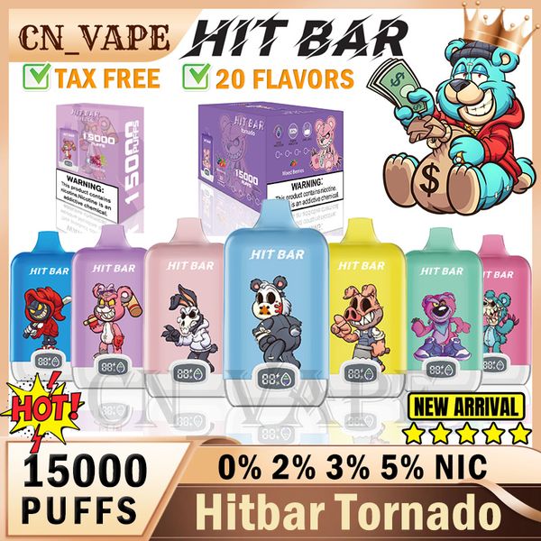 Orijinal hitbar kasırga 15000 puf tek kullanımlık E sigara 1ohm örgü bobin 23ml POD şarj edilebilir elektronik CIGS puf 15k 0% 2% 3% 5% vape kalem kasırga 9000 9k hit çubuk