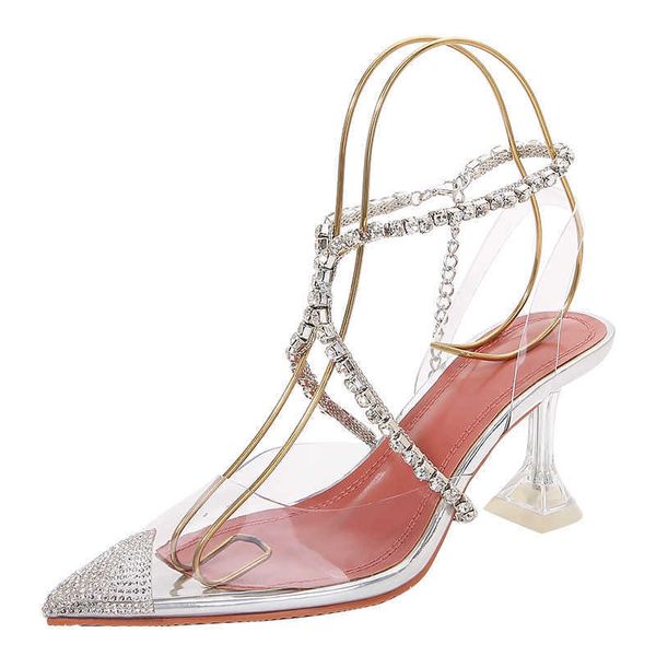 NXY Sandallar Rhinestone Zinciri Çapraz Bağlı Kadın Yaz Şeffaf Ayakkabıları Yüksek Topuklu Pompalar Kadınlar için Pompalar Clear Slingback Düğün 230406