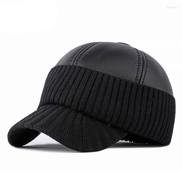 Ball Caps Winter Baseball Cap Herren Warmes PU-Leder Gestrickt Patchwork Dicker Snapback Mit Ohrenklappen Mittlere Ältere Vatershüte