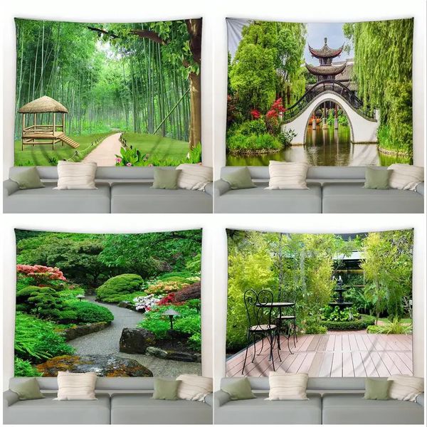 Wandteppiche, chinesischer Garten, Landschaft, Wandteppich, Frühlingsgrün, Bambus, Bogenbrücke, Naturlandschaft, Wandbehang, Zuhause, Wohnzimmer, Schlafzimmer, Dekormatte 231124