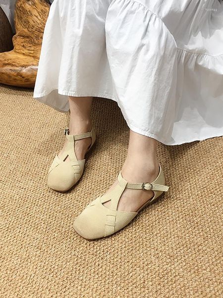 Sandalet Yaz Deri Mary Jane Ayakkabı Kadın El Yapımı Yumuşak Düşük Topuklu Düz Sandalia Feminina Kadınlar2023