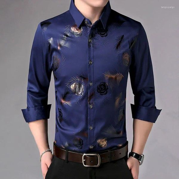 Camisas casuais masculinas moda homens fino social suave camisa primavera outono manga longa botão de impressão coreano roupas masculinas soltas flor top 2023