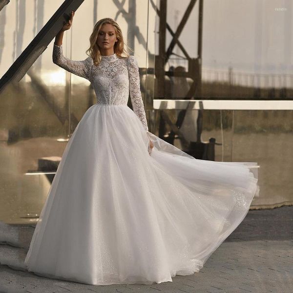 Abito da sposa modesto collo alto pizzo Arabia Saudita maniche lunghe sposa sweep treno abito da sposa arabo musulmano a-line