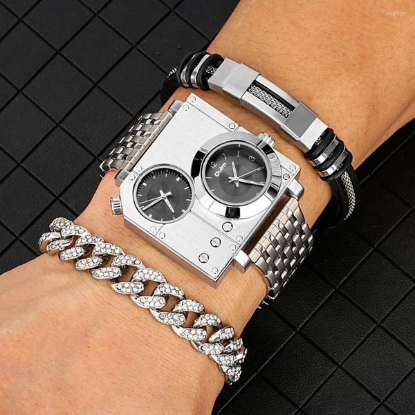 Orologi da polso Orologio in argento da uomo Lusso quadrante grande quadrato quarzo strass bracciale Set regalo per fidanzato Regalos Para Hombre