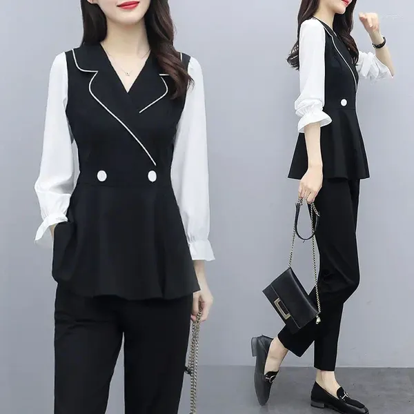 Women's Two Piece Pants Spring Fall Blazer Sets For Women Casual Blazers Jacket Set Spliced Fashion Office Wear Outfit Female T652