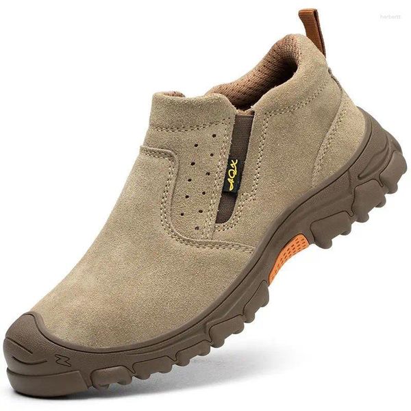 Botas masculinas moda aço toe bonés sapatos de segurança de trabalho deslizamento-em vaca camurça couro ferramenta sapato antiderrapante bota de segurança proteger calçado