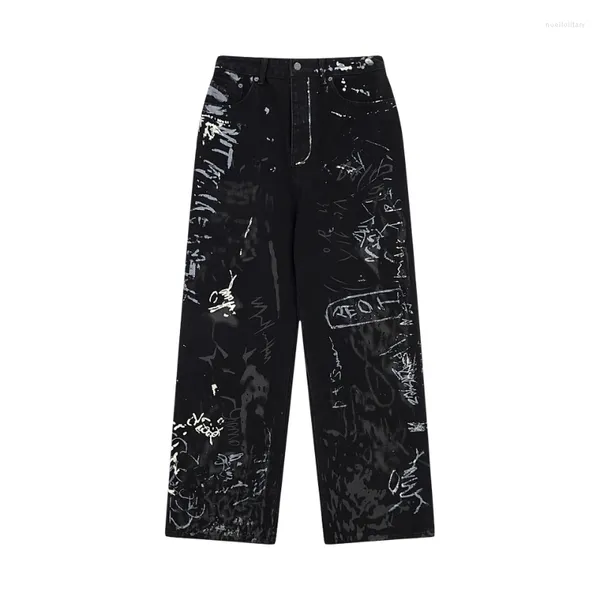Jeans masculinos y2k americano vintage high street graffiti letra impressa vestuário harajuku hip hop perna larga calças longas retas