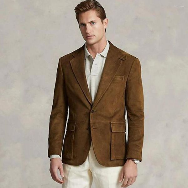 Ternos masculinos de camurça, blazers para homens, 2 botões, 1 peça, conjunto com gola padrão, bolso, fantasia, casaco, roupas de escritório