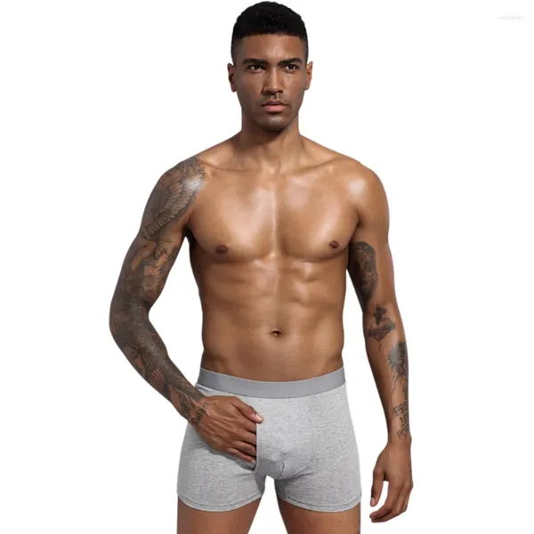 Cuecas masculinas algodão macio respirável boxer briefs cor sólida u-convexo virilha abertura confortável elástico boyshorts