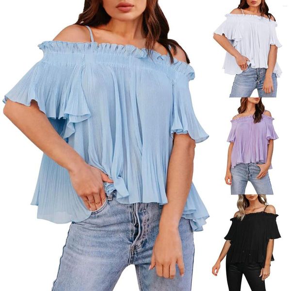 Kadın bluzları kadınlar omuz kapalı spagetti kayış üstleri rahat kısa kollu alevlendirilmiş gevşek bluz gömlekleri moda içi boş üst seksi