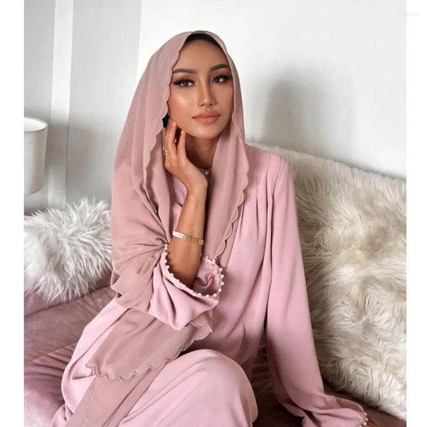 Ethnische Kleidung 2023 Auf Lager Design Benutzerdefinierte Marke Stickerei Jakobsmuscheln Blumenschal Fancy Edge Chiffon Muslim Hijab Schal
